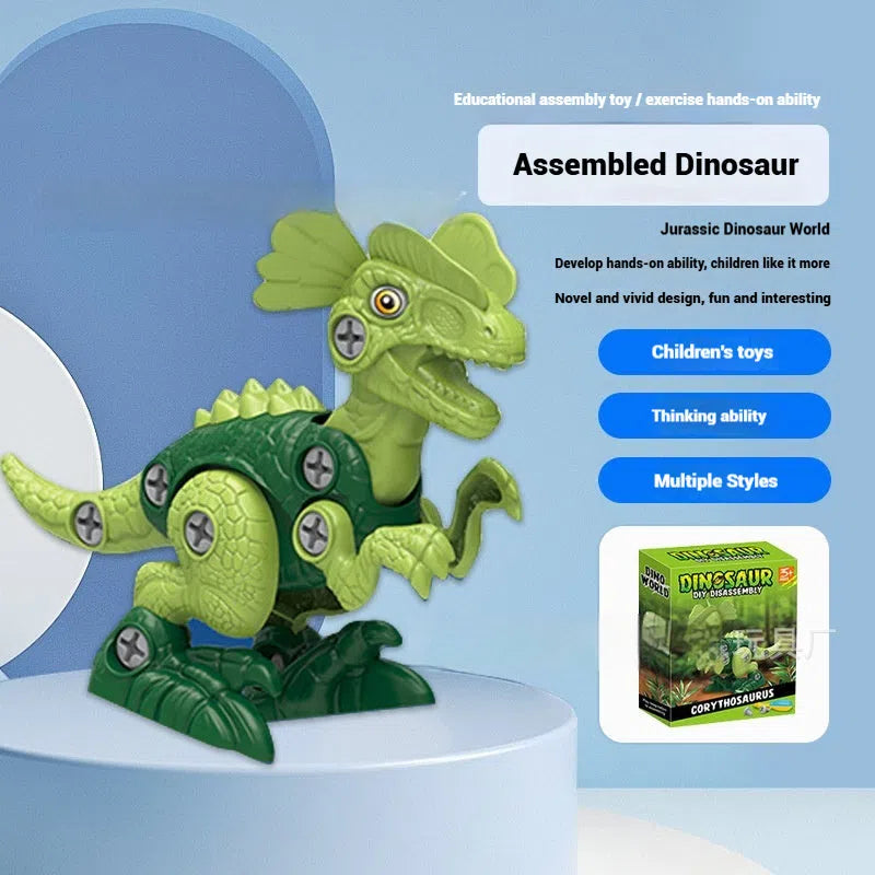 Children DIY plastic dinosaur building blocks set with Tyrannosaurus, Parasaurolophus, Triceratops, and Dilophosaurus in colour box