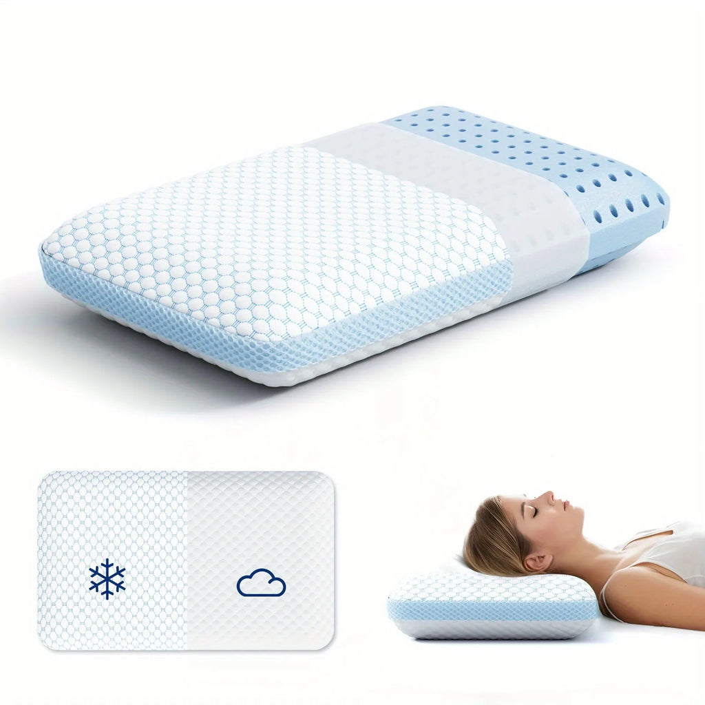 Household cervical memory foam pillow in size 63x36x13.5cm with ergonomic shape and air layer cover on bed