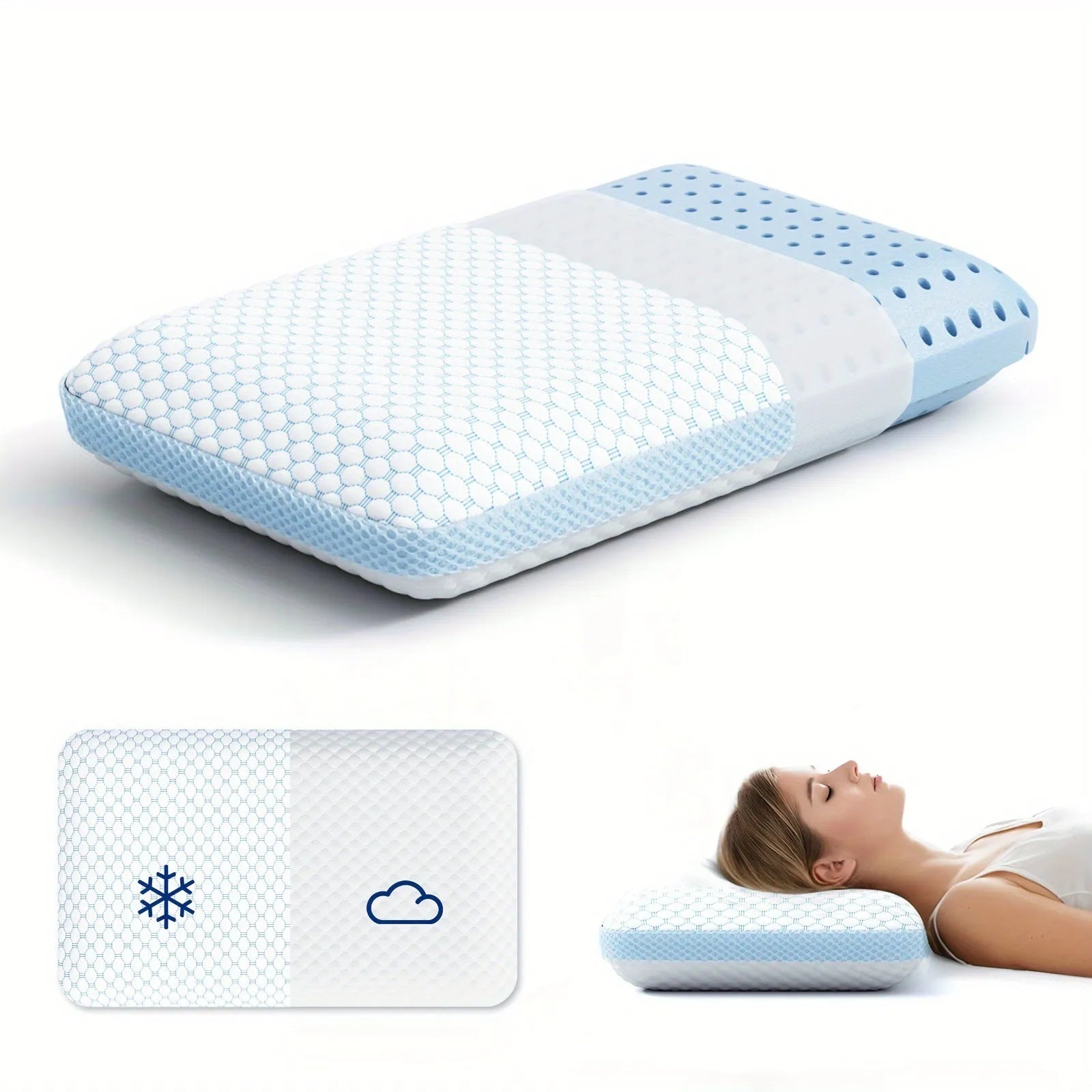 Household cervical memory foam pillow in size 63x36x13.5cm with ergonomic shape and air layer cover on bed