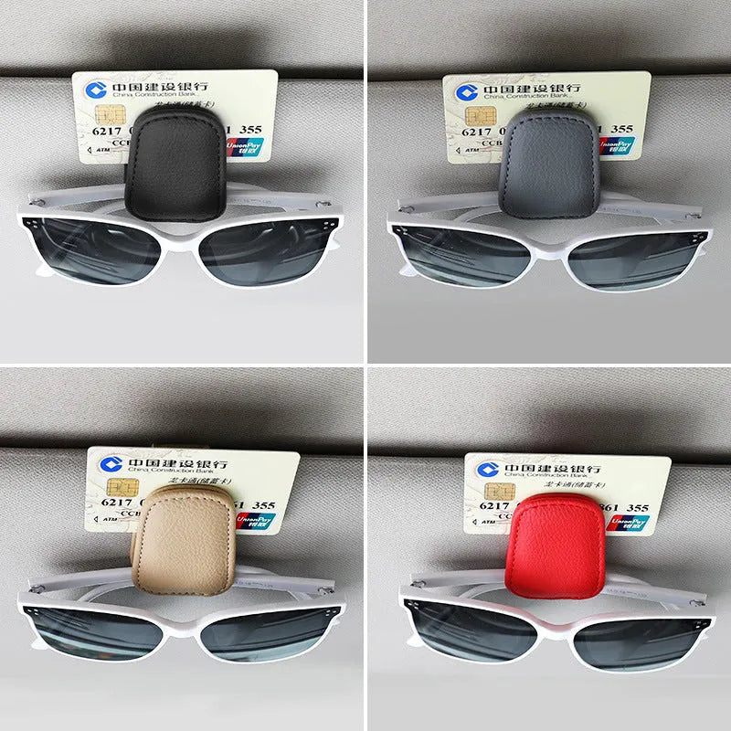 Car sunglasses holder with clip for sun visor mounting in PU leather