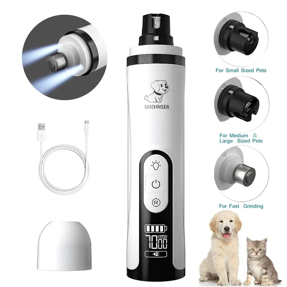 3-speed LED electric nail grinder for dogs with dust collection system and digital display.