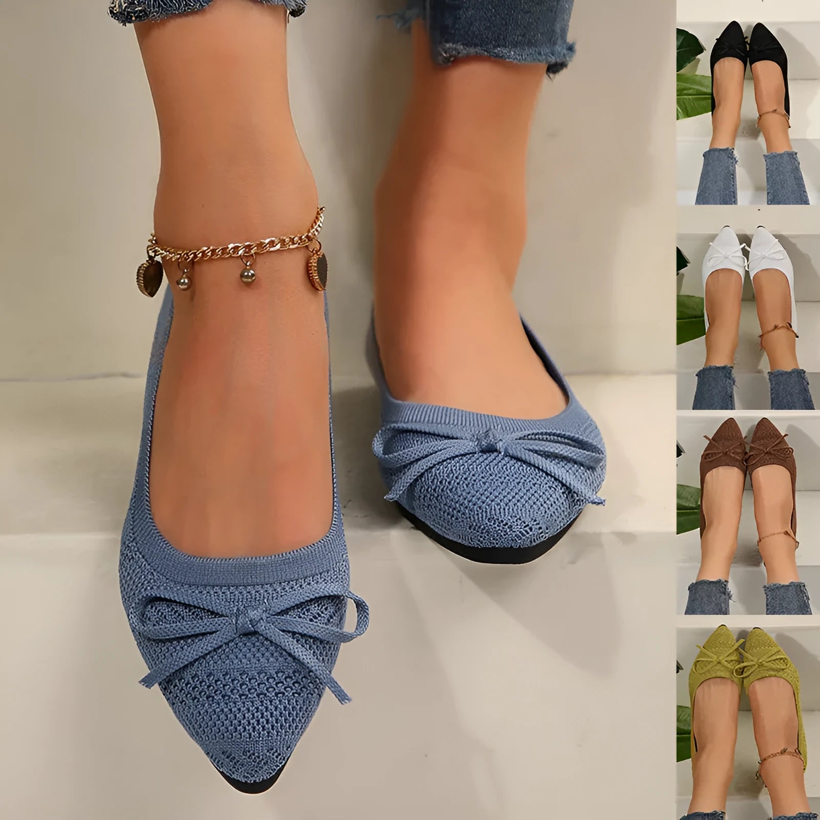 Women's knitted flat loafers with a bow and pointed toe in blue, shown from the side.