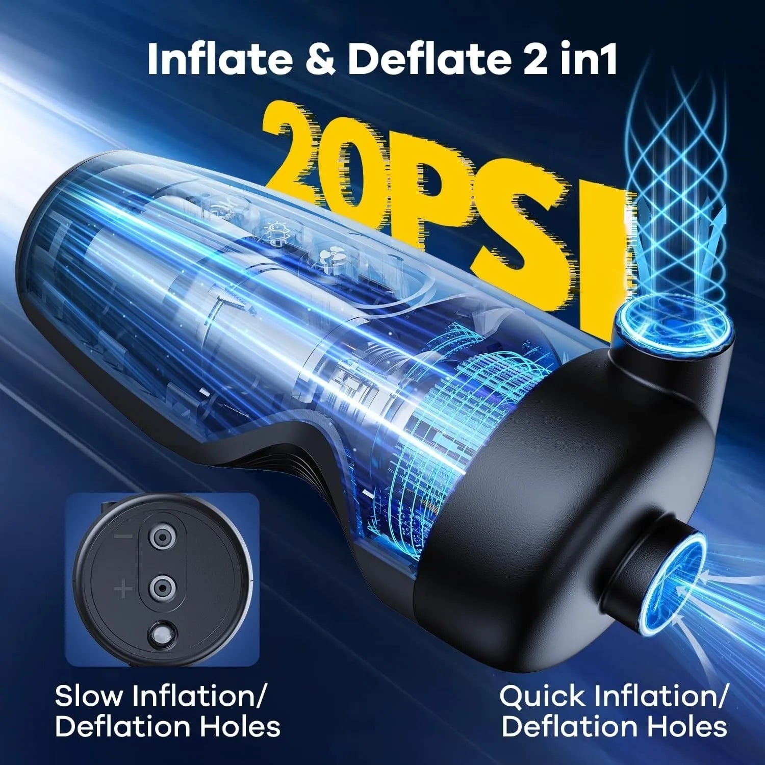 Black portable wireless electric air inflator pump with LED light on a dark background.