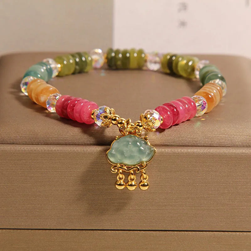 Colourful tourmaline jade Xiangyun pattern crystal bracelet with alloy inlay setting for ladies jewellery