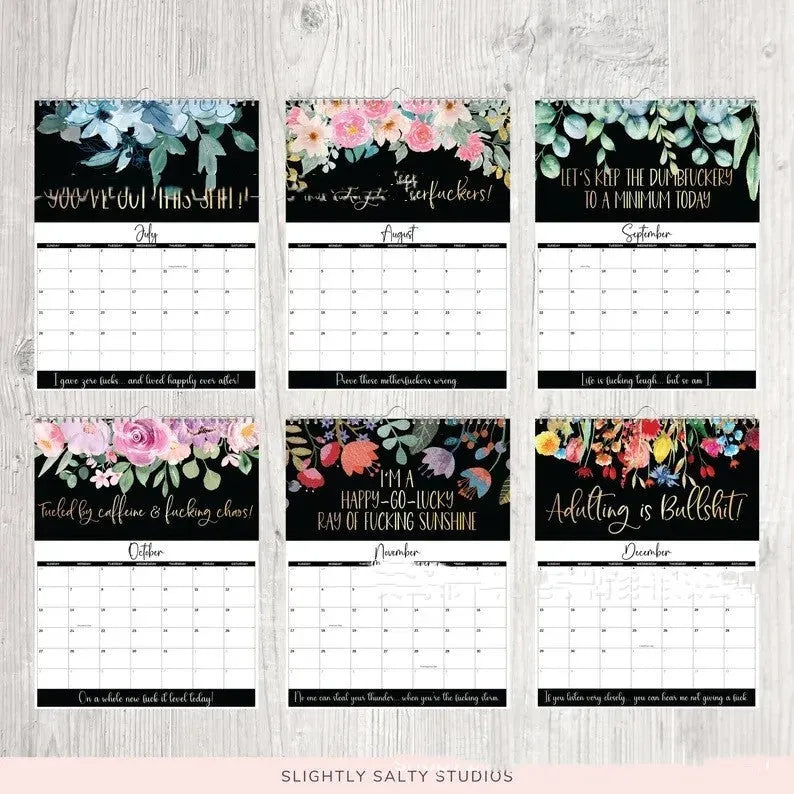 2024 wall calendar for tired women with coil binding showing monthly spread and funny sweary sayings