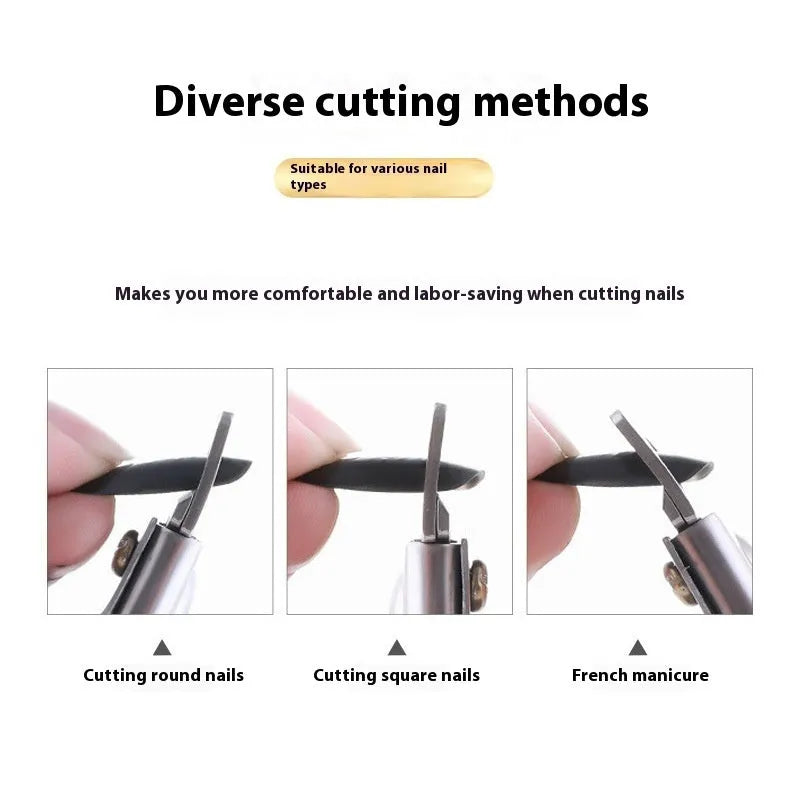 Stainless steel U-shaped nail scissors with an electrophoretic coated handle.