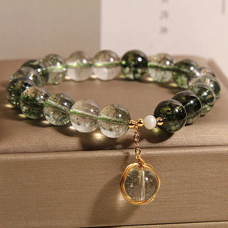Green phantom quartz crystal bracelet with natural chorite crystals in Japanese Korean style