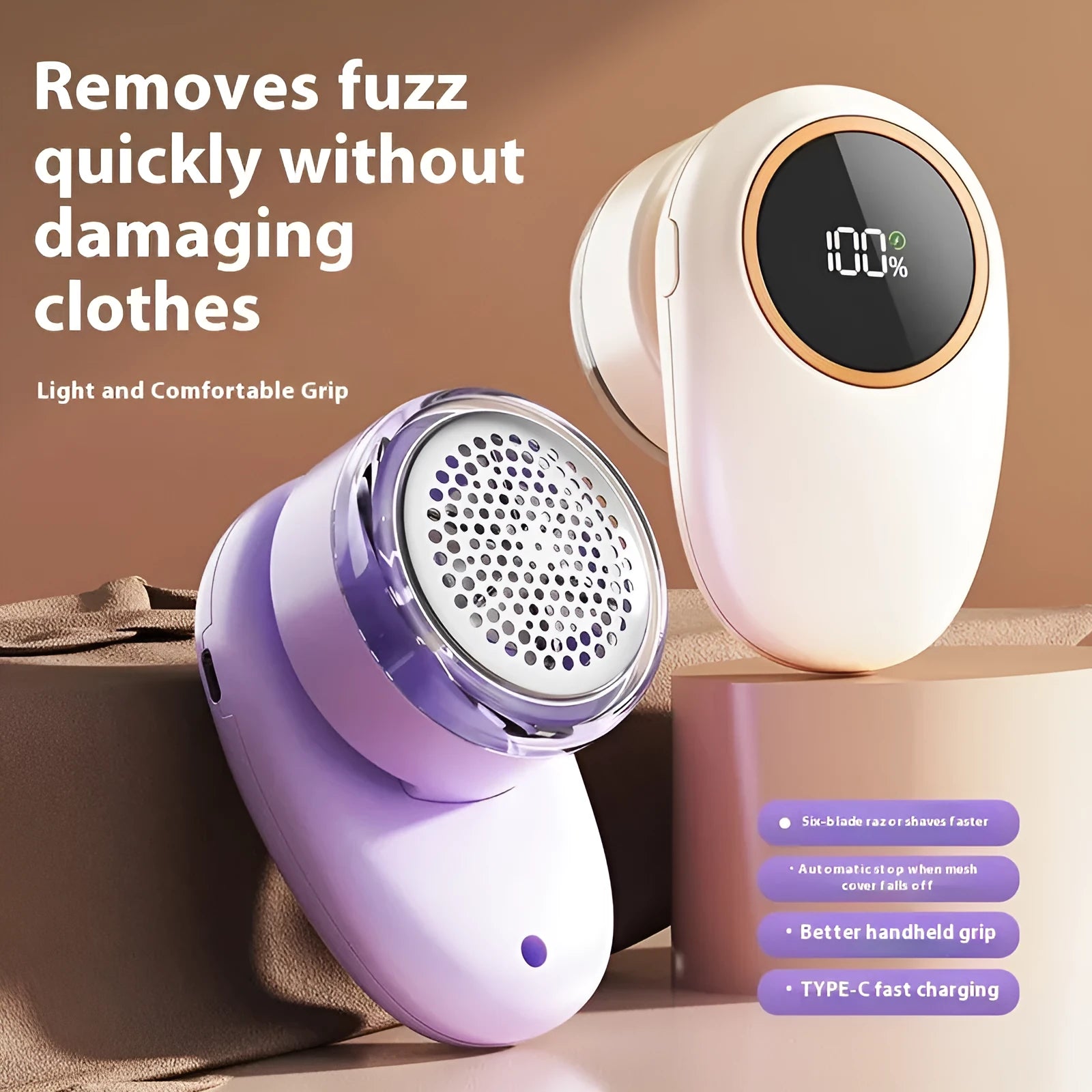 Purple and beige digital display fur ball trimmer with multiple cutter head options
