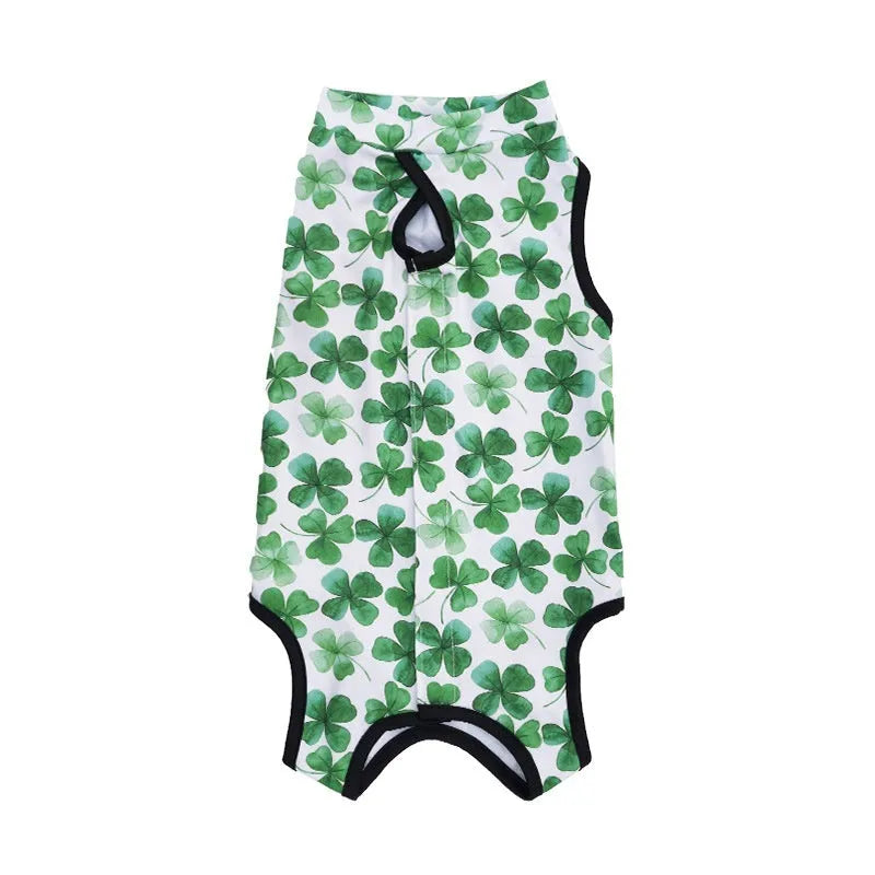 Adjustable velcro cat sterilisation recovery suit in a printed colour design, sizes S M L XL.