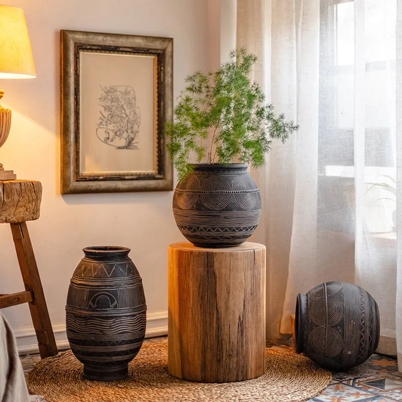 Medium cement flower pot with African ancient pot design and bottom drainage holes