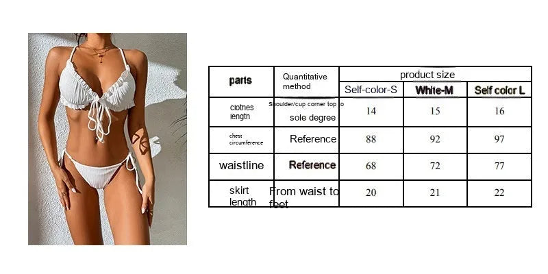 White pleated lace-up backless bikini swimsuit for women on a mannequin, side view.