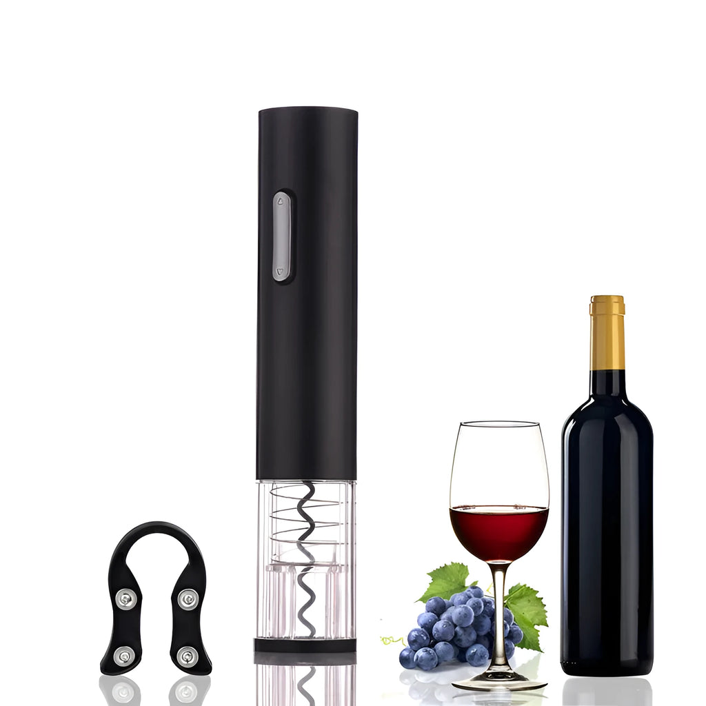 Automatic electric wine bottle opener with foil cutter in black, red, or white colours showing ABS plastic body and transparent window