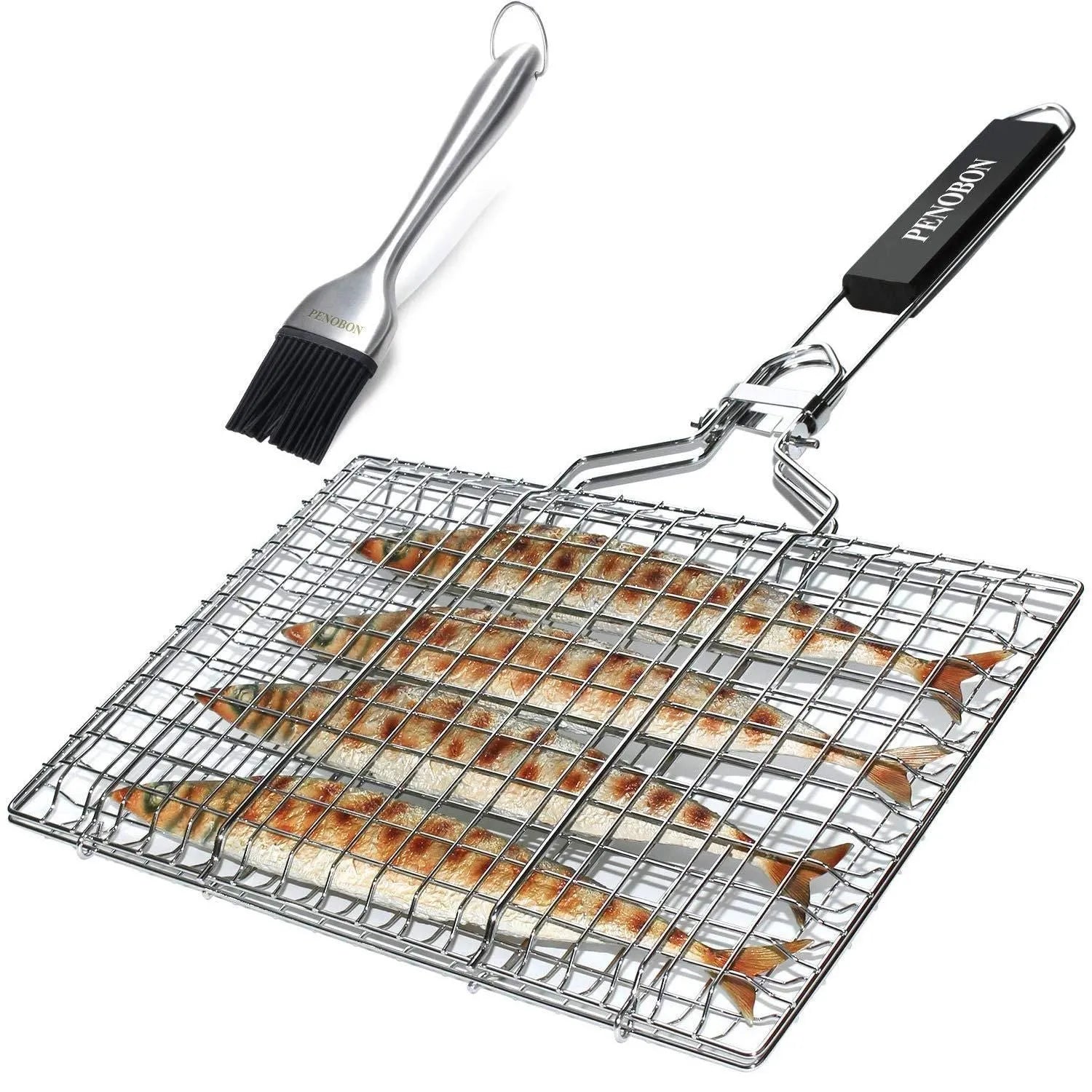 Stainless steel square folding barbecue mesh basket with a cleaning brush.