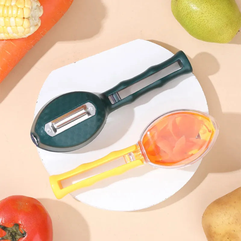 Yellow peeling knife with a storage lid on a kitchen counter