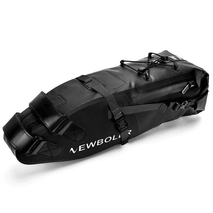 Yellow waterproof PVC bicycle tail bag mounted on a bike rack, showing its 58cm length and large main compartment.