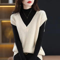 V-neck sleeveless knitted vest with a raised 3D pattern in a camel colour.