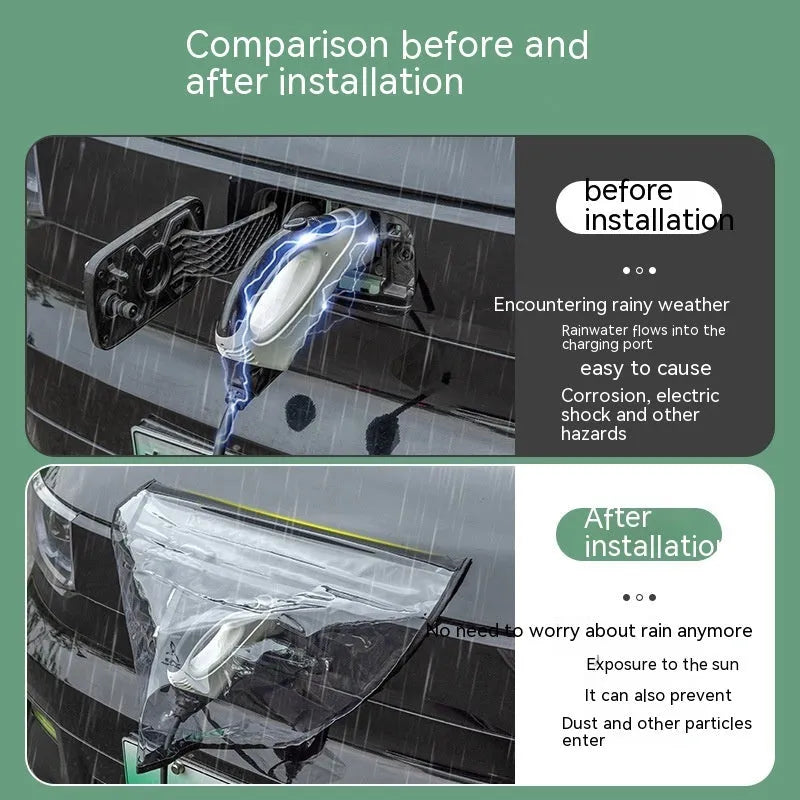 Black magnetic waterproof rain cover for electric vehicle charging gun and port, shown unfolded.
