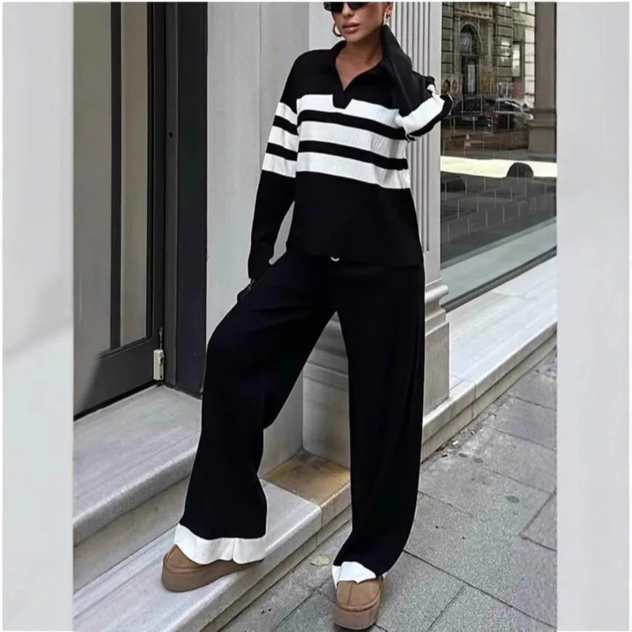 Women's black and white striped knitted polo collar top and trousers two-piece set