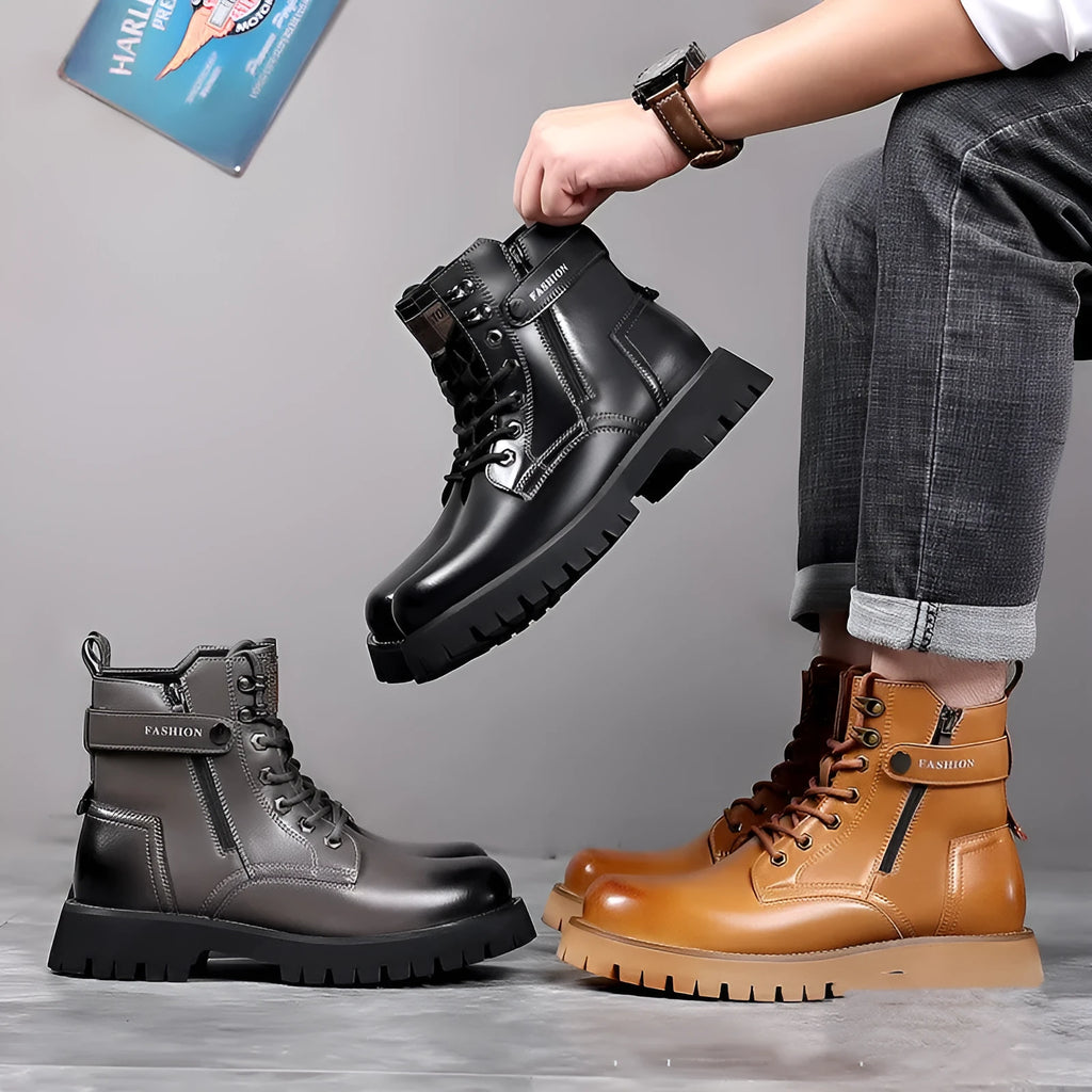 Men's light brown high-top leather boots with a side zip and thick textured rubber sole.