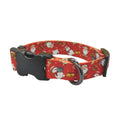Christmas dog leash chest harness set in red polyester with printed pattern, includes collar and rope
