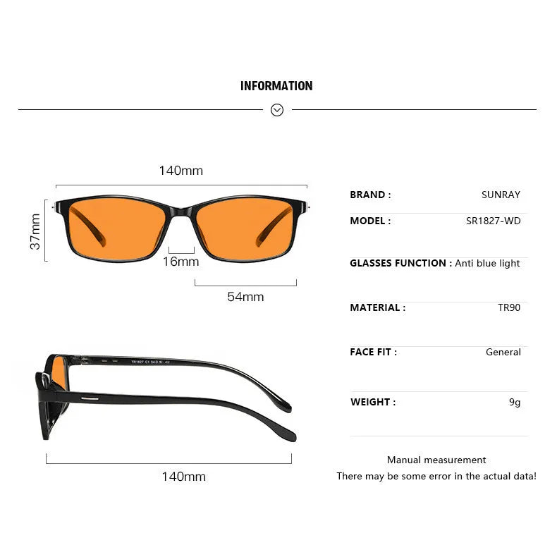 Orange lens anti-blue light glasses in a full rim frame, shown in one of four available colour options.