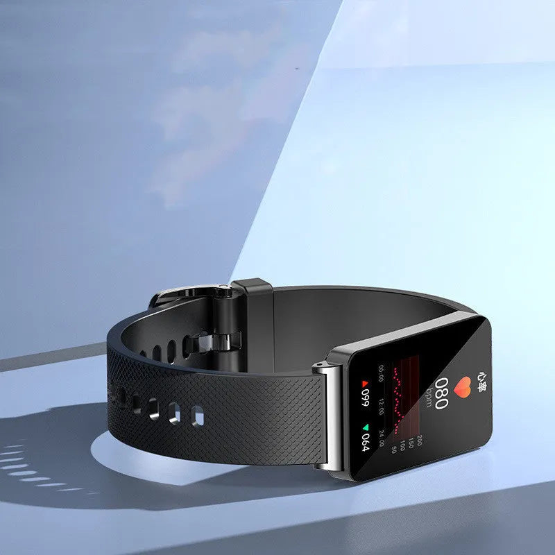 Blood glucose smart bracelet with touchscreen on a wrist, showing black, gold, and silver colour options.