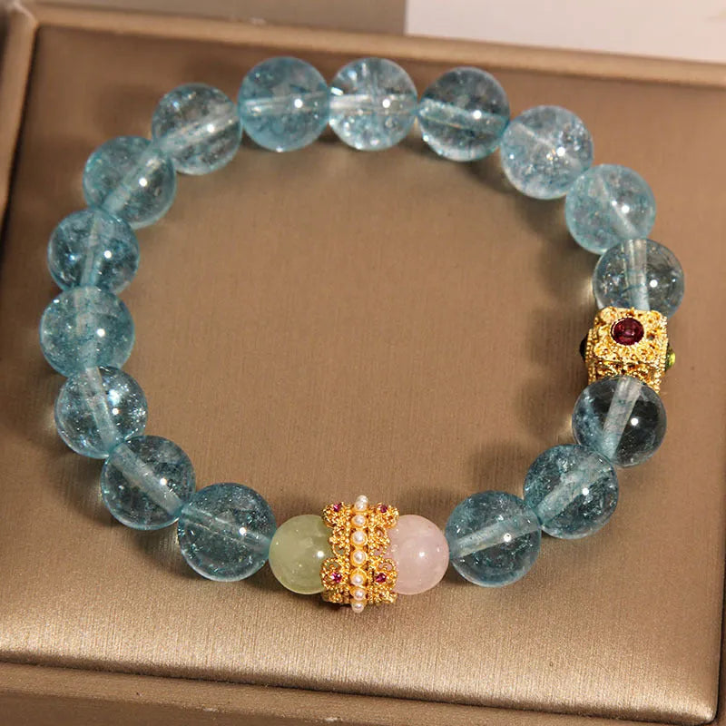 Blue Chinese style crystal bracelet with cube sugar colourful crystals and flexible diamond ring design for women