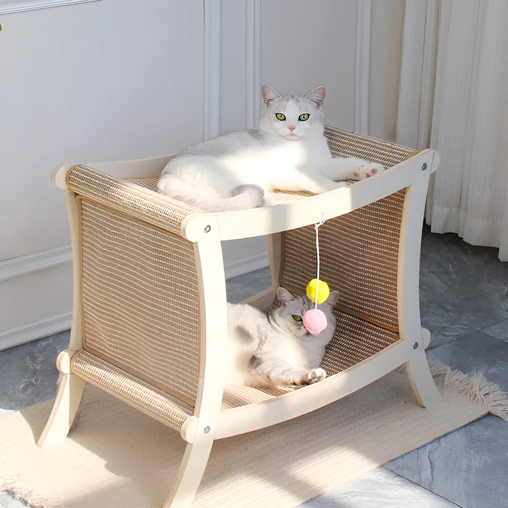 Large double-layer cat nest with solid wood frame and sisal scratch board on top, suitable for cage use