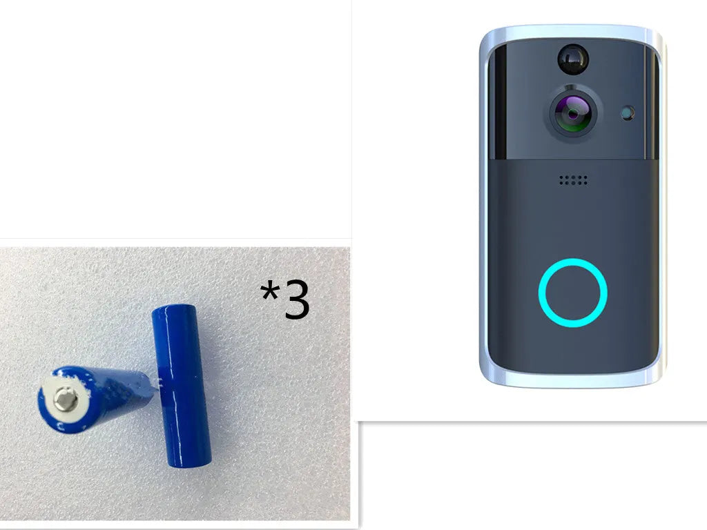 Black WiFi video doorbell camera with infrared night vision and two-way intercom against a white wall
