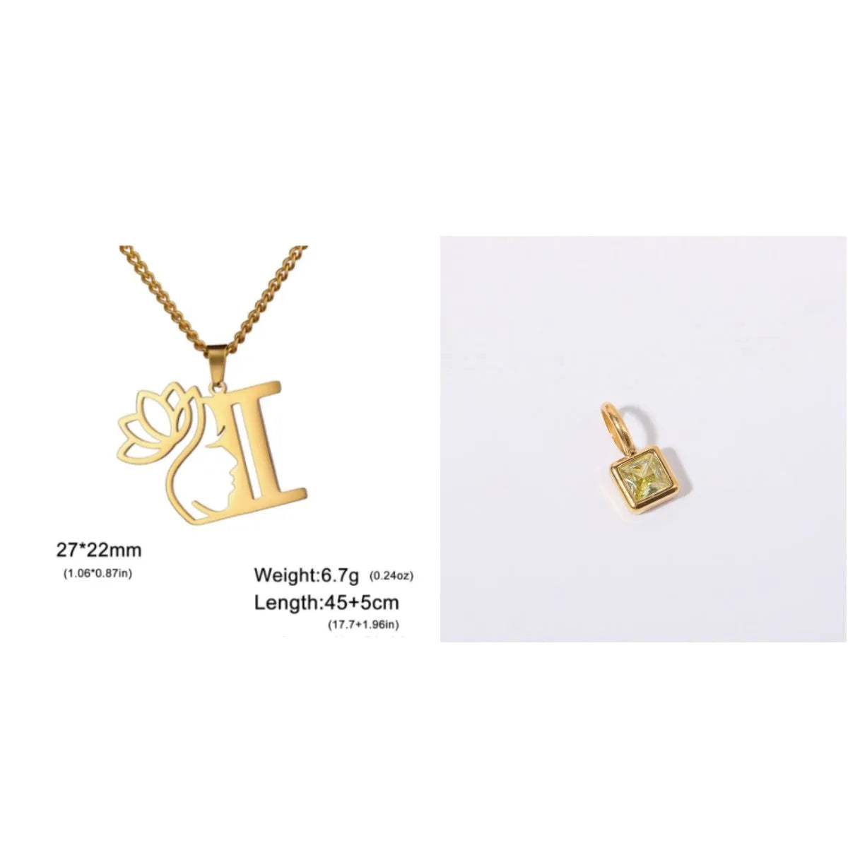Gold electroplated stainless steel necklace with a cross chain and a letter 'A' pendant on a white background.