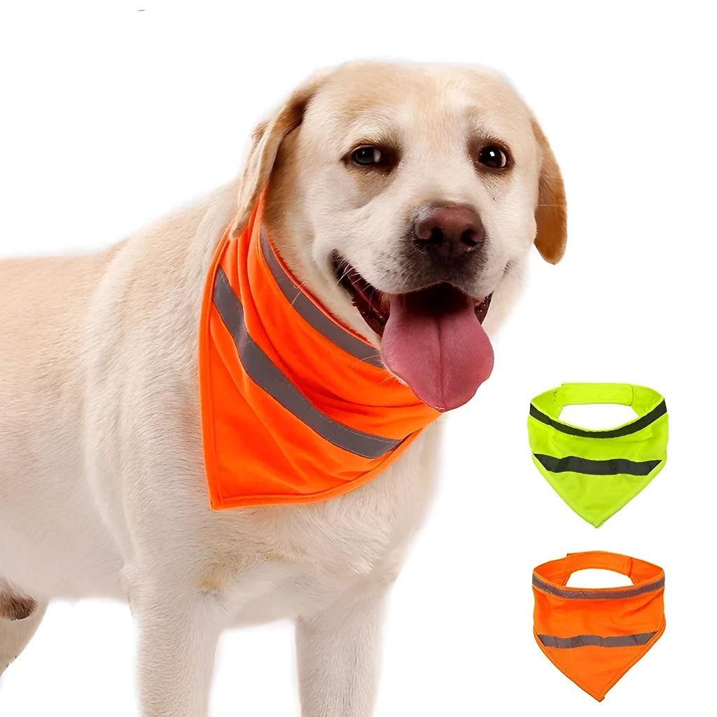 Yellow orange reflective dog bandana with adhesive strap shown on pet collar