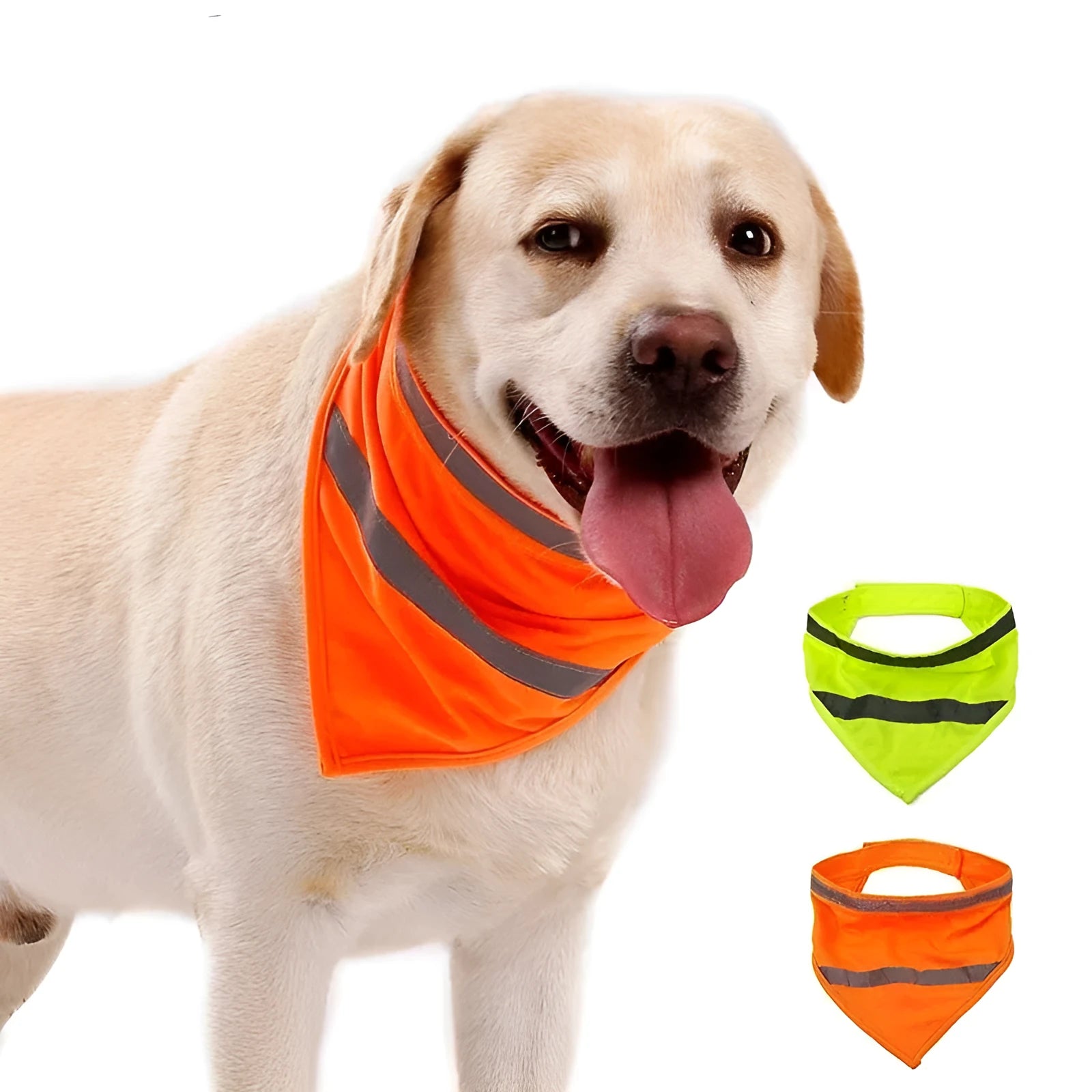 Yellow orange reflective dog bandana with adhesive strap shown on pet collar