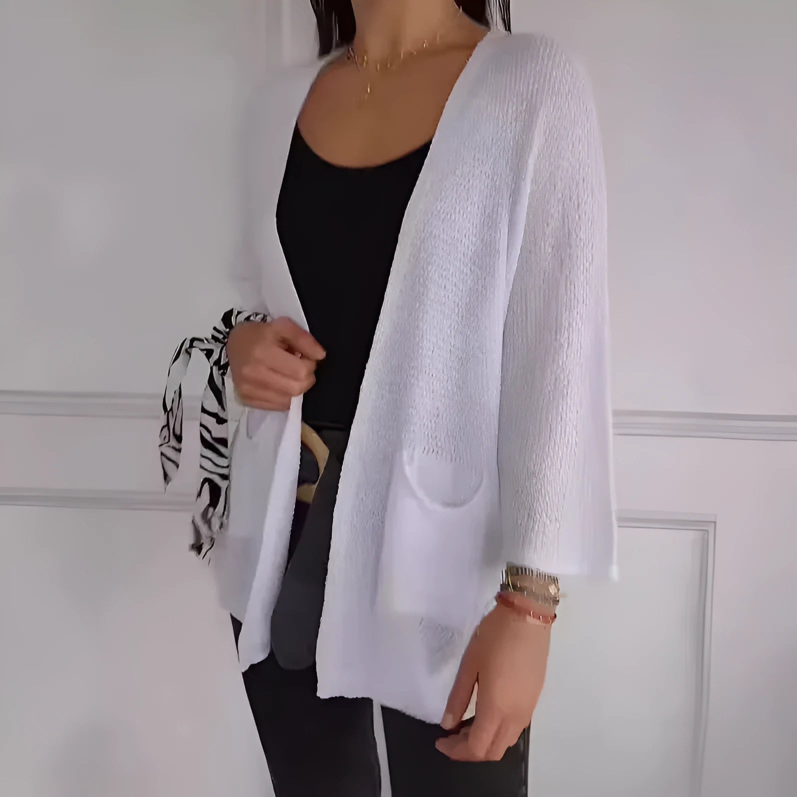 Women's waffle-textured cardigan coat in army green with nine-quarter sleeves and front pockets.