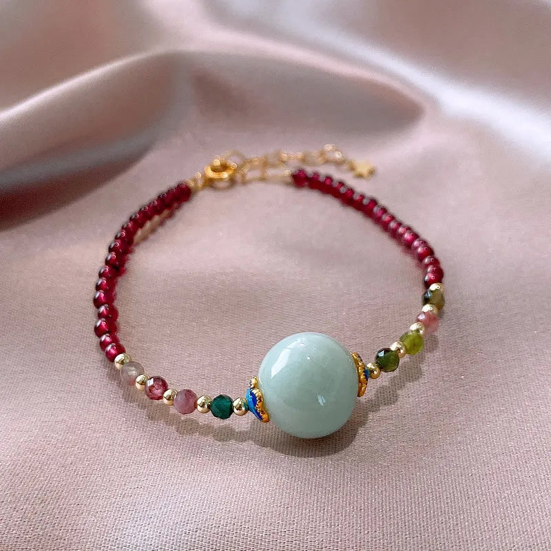 Aquamarine and garnet drop shape bracelet with tourmaline stones in Chinese Korean style