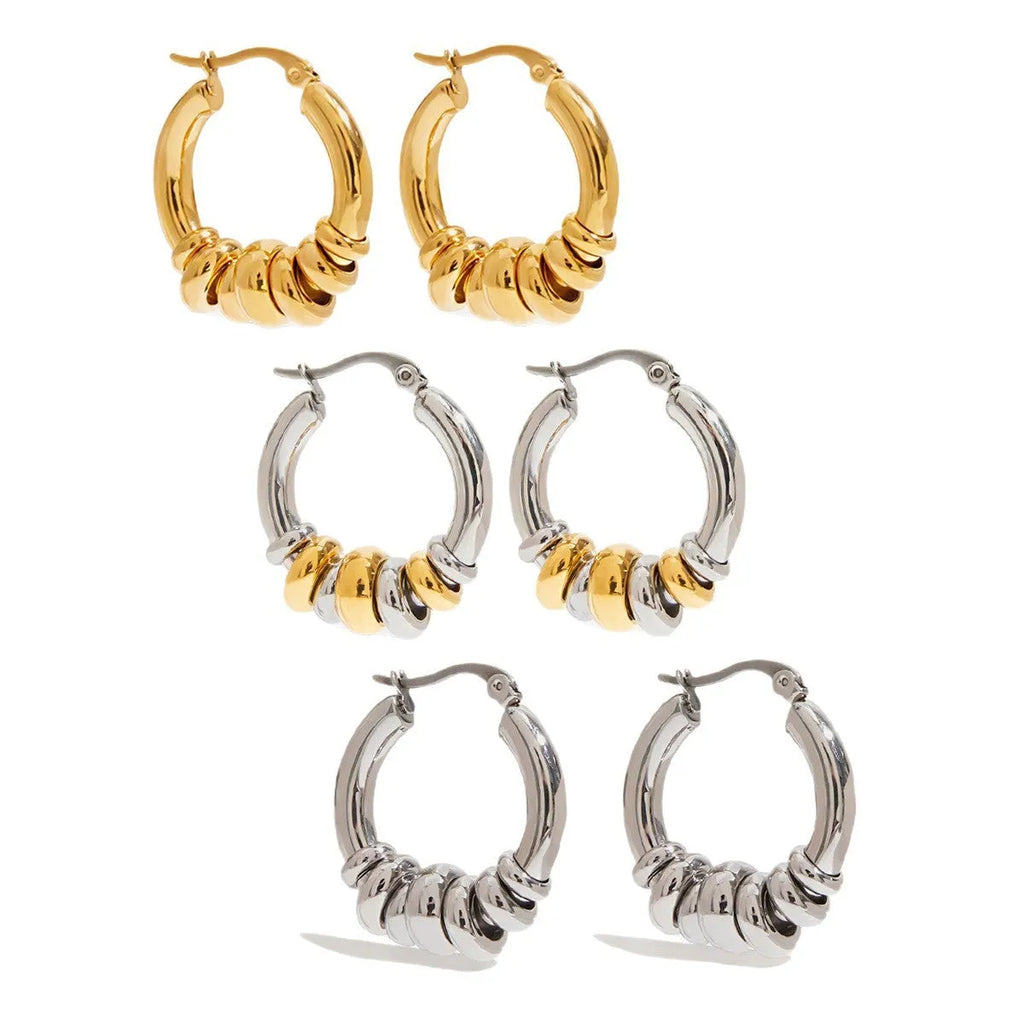 Women's stainless steel colour matching earrings in geometric ring style with electroplated gold finish