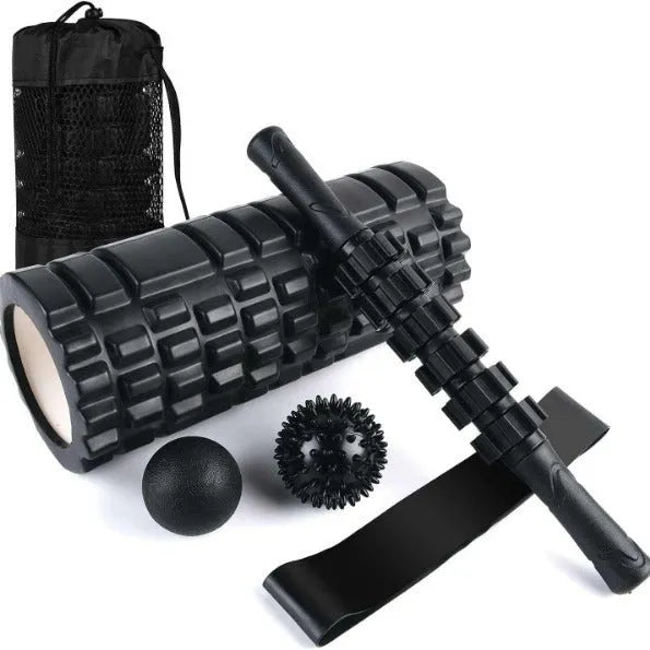 Black 33cm gear-textured foam massage roller on a white background.
