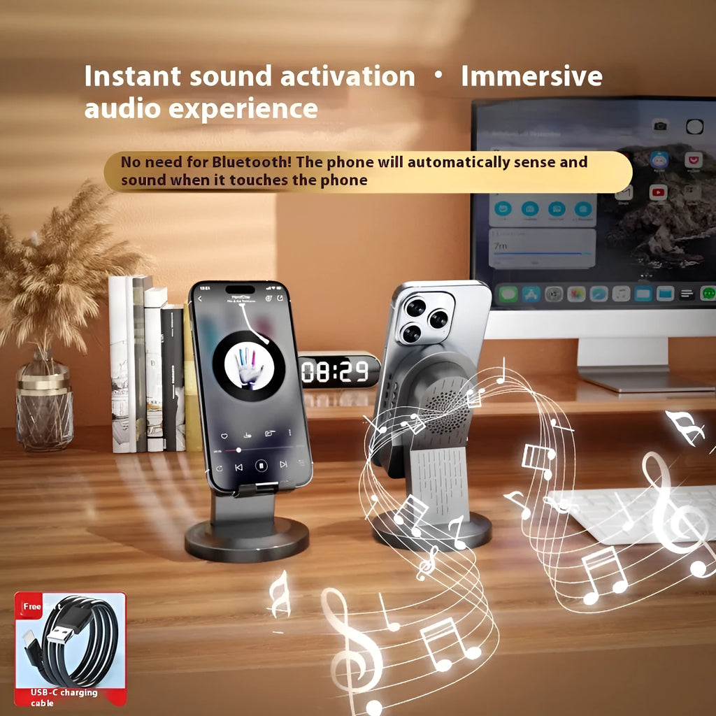 Three-in-one wireless induction Bluetooth speaker bracket with phone holder, black colour, mirror finish, showing USB port and built-in battery