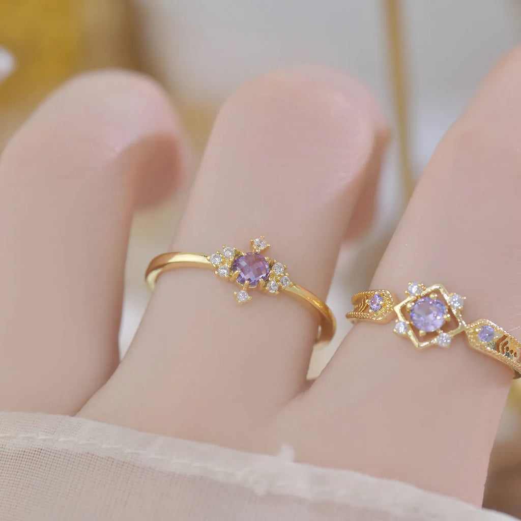 Geometric open mouth women's ring with zircon stones in olive green or purple on copper band