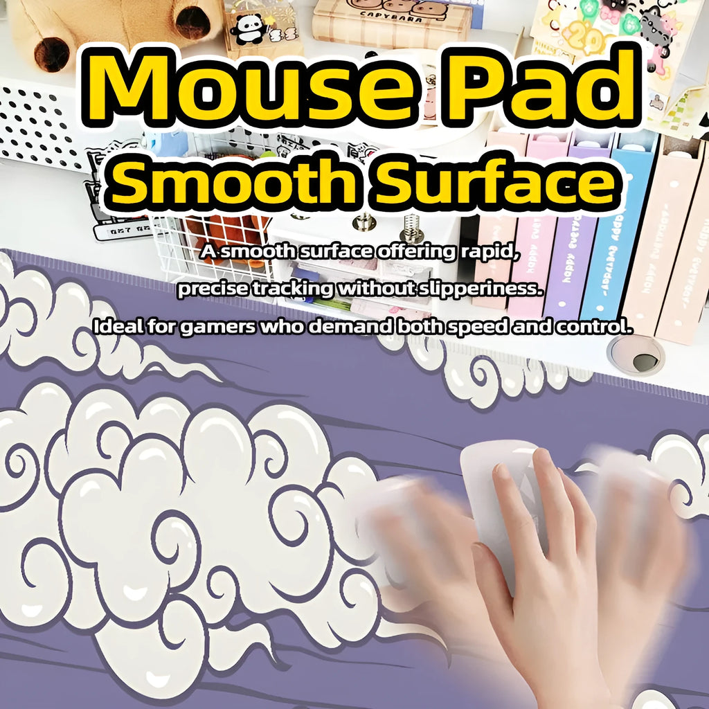 Large cloud pattern mouse pad desk mat with natural rubber non-slip base on wooden desk
