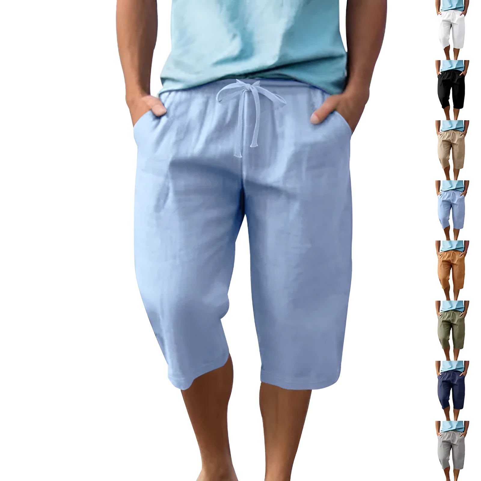 Men's solid colour linen shorts with a drawstring waistband in a light blue shade