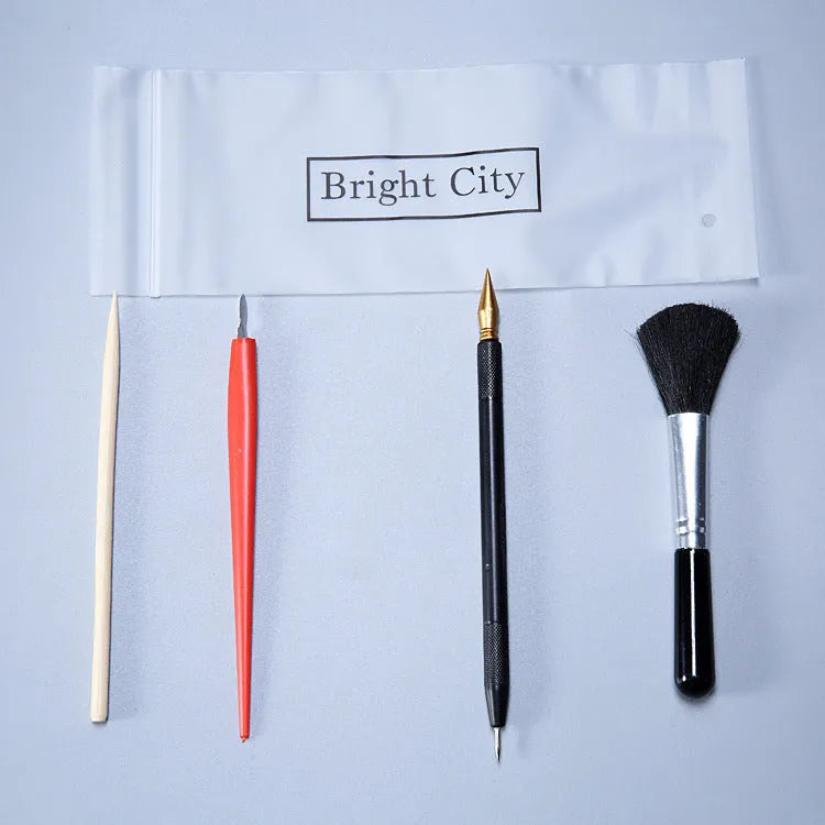 Scraping painting tools set showing 14.5cm long implements with white card paper compatibility