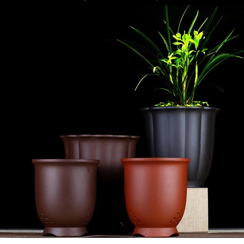 Round ceramic desktop flower pot with four drainage holes for phalaenopsis bonsai, black colour option