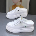 White women's platform shoes with mesh surface design and round toe