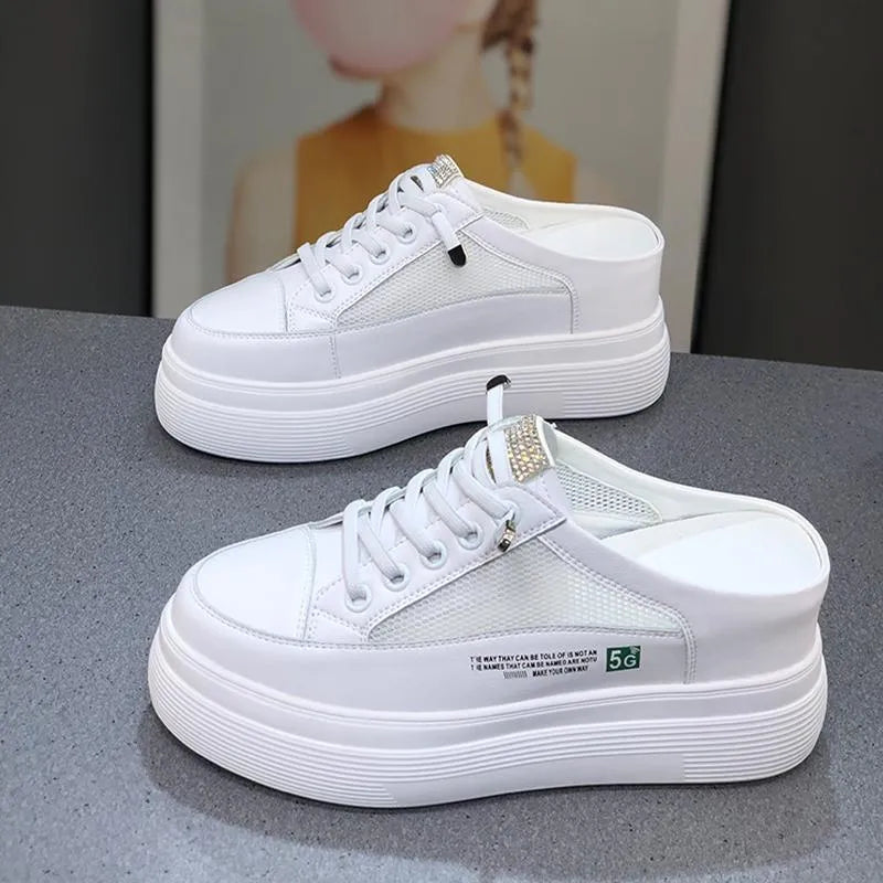 White women's platform shoes with mesh surface design and round toe