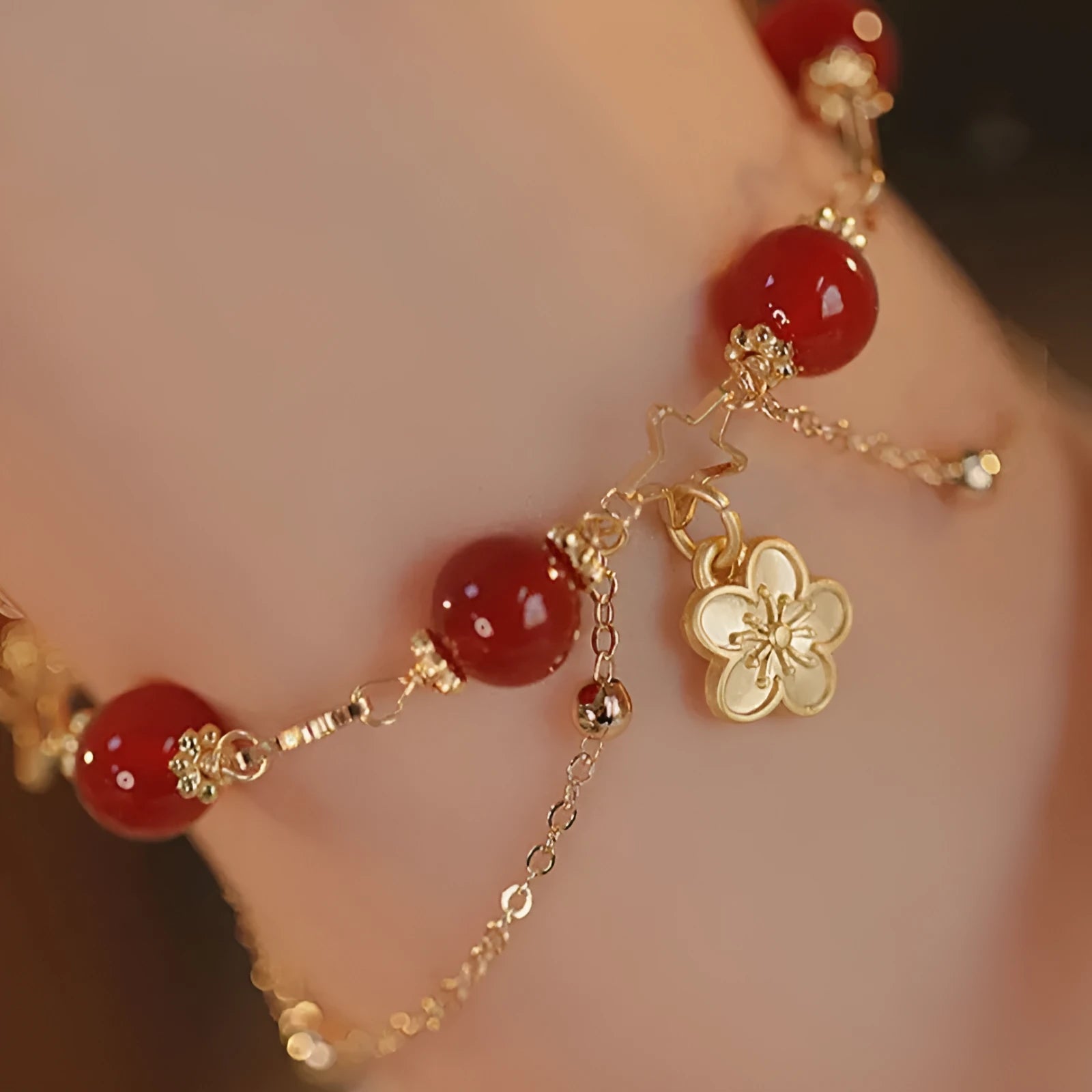 Women's red agate double layer bracelet with peach blossom design and manual processing