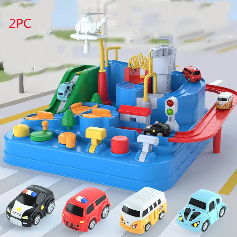 Big Adventure plastic toy set with multi-level parking garage, car tracks, and toy vehicles laid out for play.