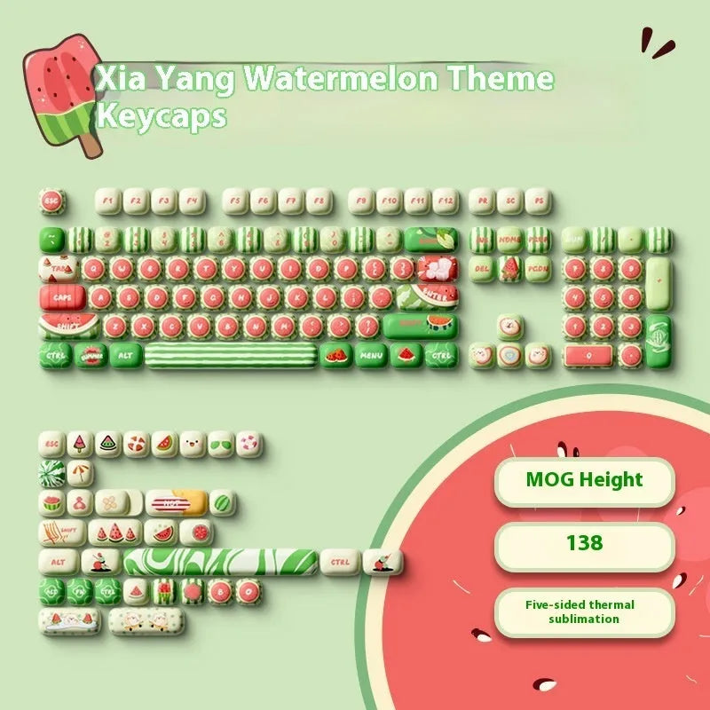 Set of 138 PBT mechanical keyboard key caps with watermelon theme design and mushroom MOG height profile