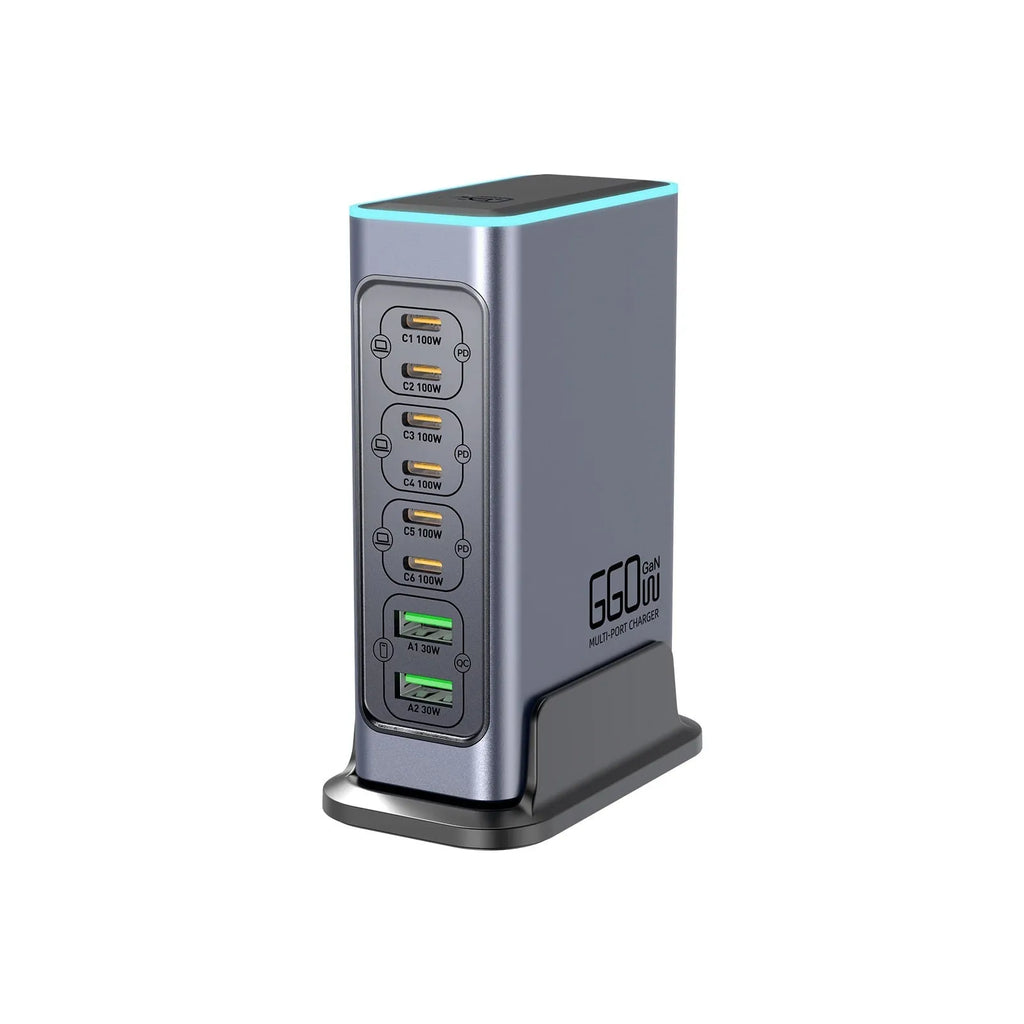 660W gallium nitride multi-port desktop charger with choice of international plug types.