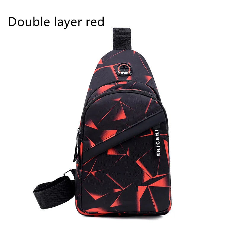 Men's blue print sling chest bag with a visible earphone hole and a single adjustable strap.