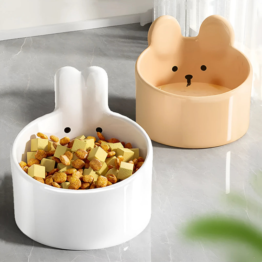 Blush Critter ceramic pet bowl set in white and brown with neck protection design